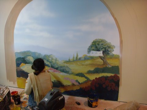 שלב 2 ציור קיר אוירה לסלון של נוף כפרי